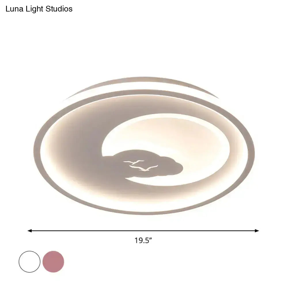 Modern Led Acrylic Flush Mount Light - Pink/White Circle Design 16’/19.5’ Dia Moon And Bird