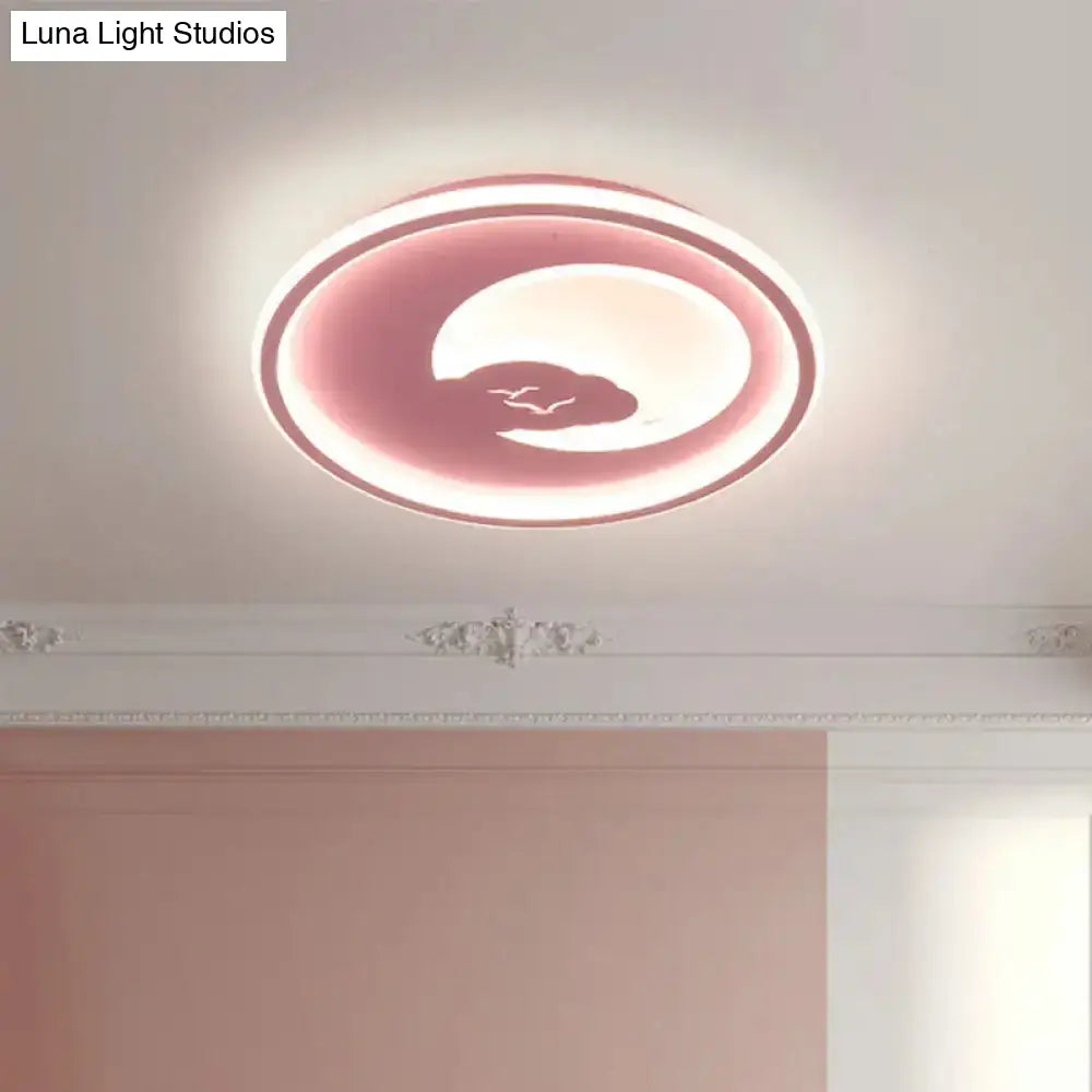 Modern Led Acrylic Flush Mount Light - Pink/White Circle Design 16’/19.5’ Dia Moon And Bird