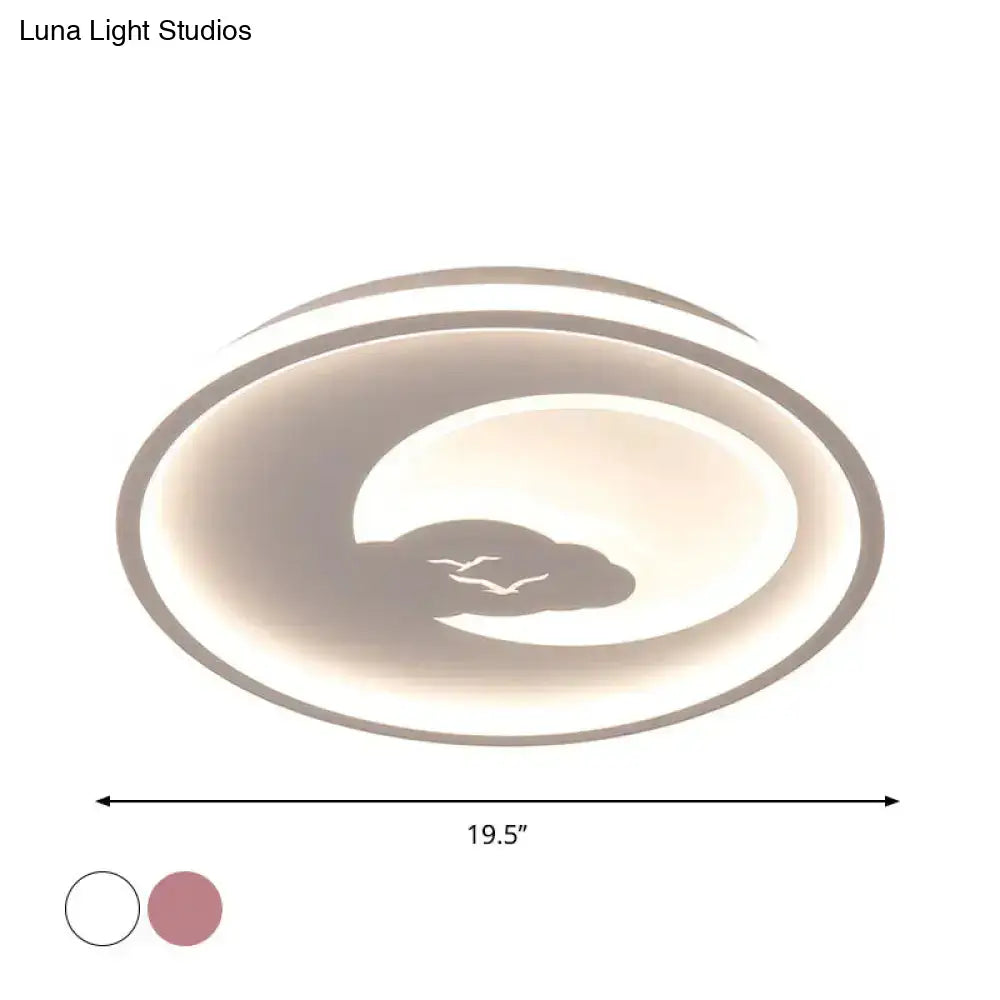 Modern Led Acrylic Flush Mount Light - Pink/White Circle Design 16’/19.5’ Dia Moon And Bird