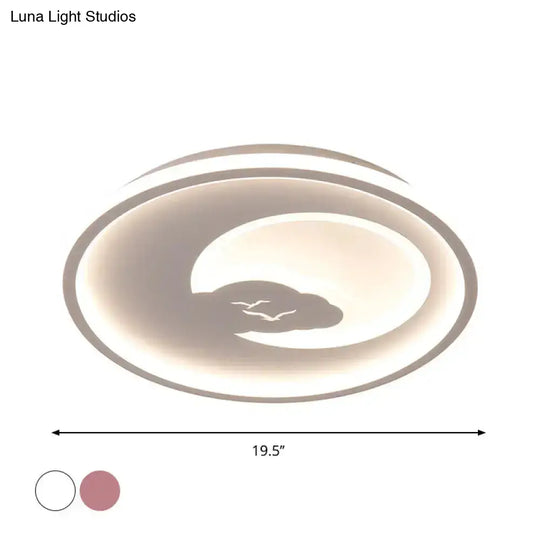 Modern Led Acrylic Flush Mount Light - Pink/White Circle Design 16’/19.5’ Dia Moon And Bird