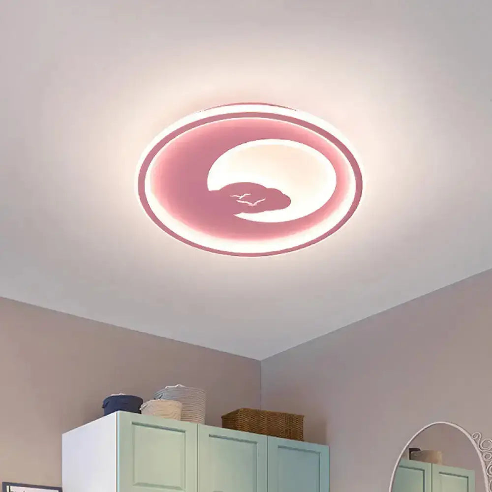 Modern Led Acrylic Flush Mount Light - Pink/White Circle Design 16’/19.5’ Dia Moon And Bird