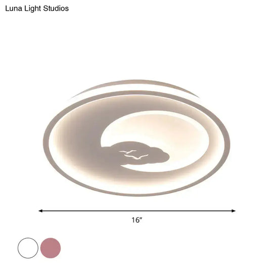 Modern Led Acrylic Flush Mount Light - Pink/White Circle Design 16’/19.5’ Dia Moon And Bird