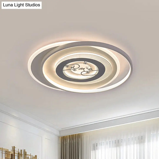 Modern Led Acrylic Flushmount Light Fixture - White Circular With Deer And Tree Pattern