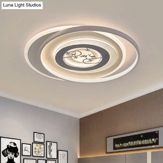 Modern Led Acrylic Flushmount Light Fixture - White Circular With Deer And Tree Pattern