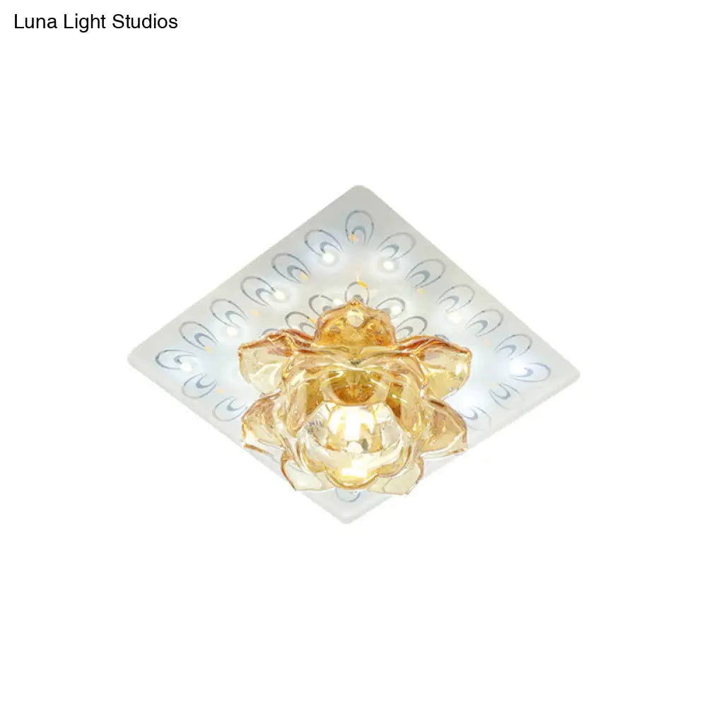 Modern Led Amber Crystal Lotus Ceiling Light With Peacock Pattern In Warm/White For Flush Mounting