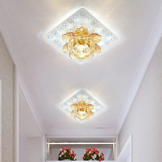 Modern Led Amber Crystal Lotus Ceiling Light With Peacock Pattern In Warm/White For Flush Mounting