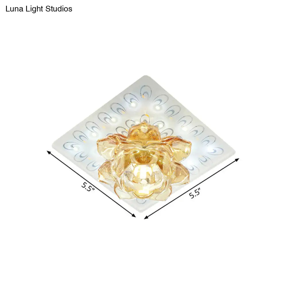 Modern Led Amber Crystal Lotus Ceiling Light With Peacock Pattern In Warm/White For Flush Mounting