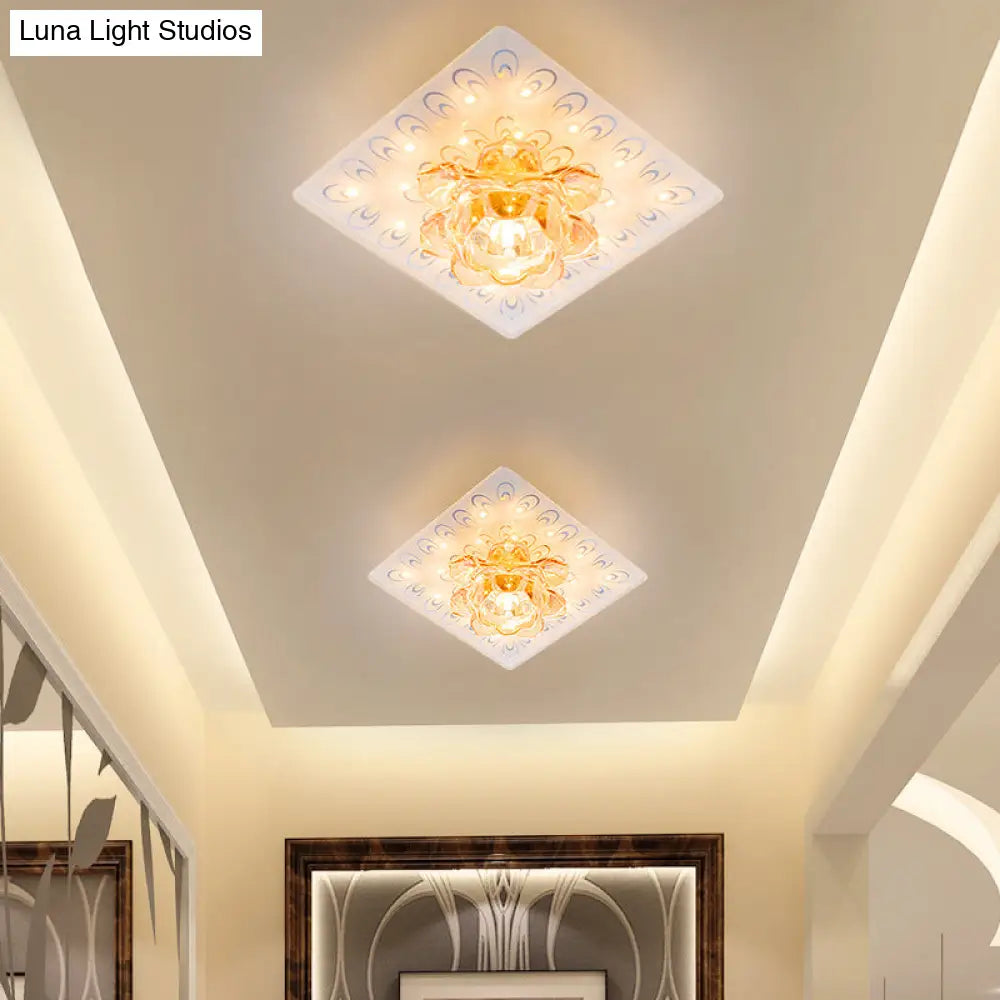 Modern Led Amber Crystal Lotus Ceiling Light With Peacock Pattern In Warm/White For Flush Mounting