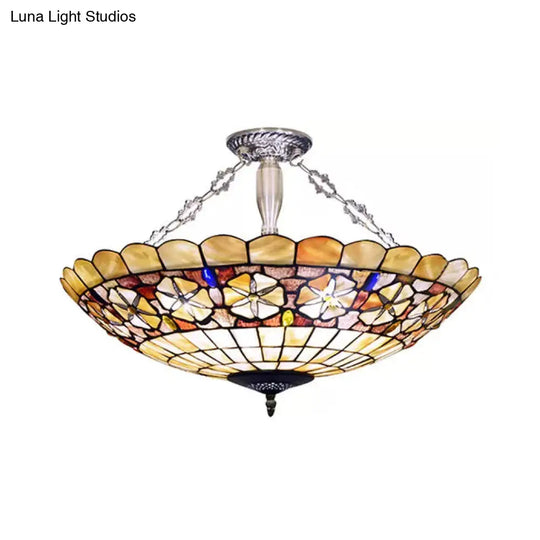 Modern Led Bedroom Ceiling Light - 3-Light Semi Flush Mount In Aged Brass With Tiffany-Style Art