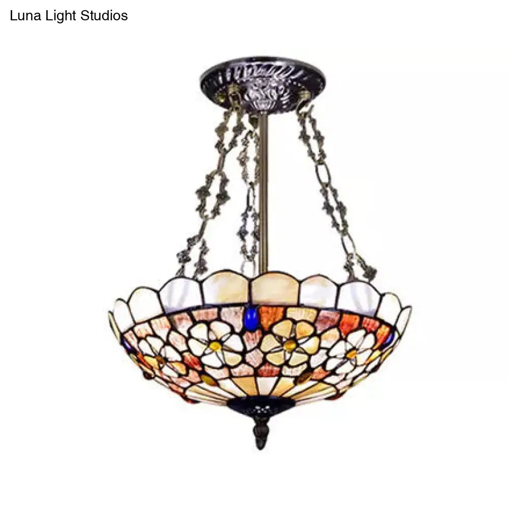 Modern Led Bedroom Ceiling Light - 3-Light Semi Flush Mount In Aged Brass With Tiffany-Style Art