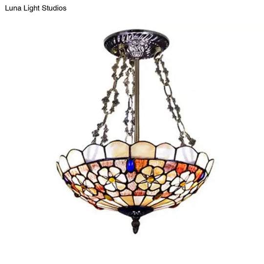 Modern Led Bedroom Ceiling Light - 3-Light Semi Flush Mount In Aged Brass With Tiffany-Style Art