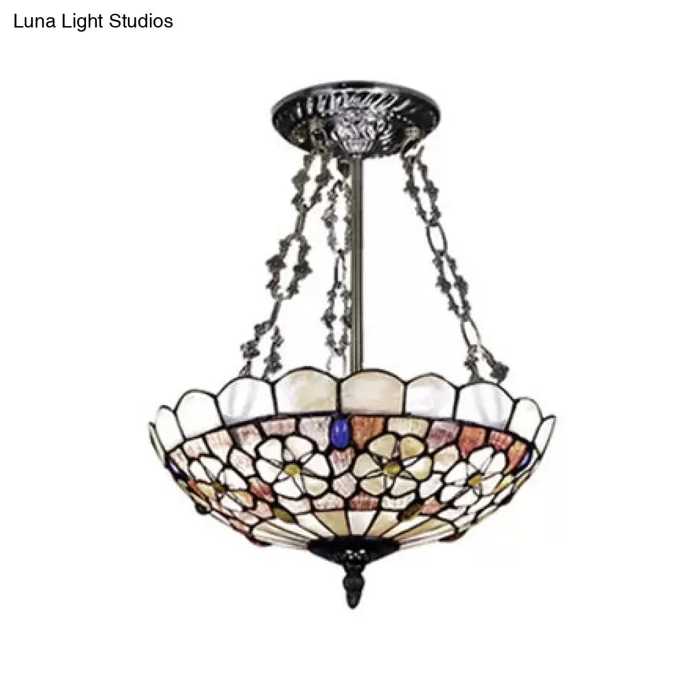 Modern Led Bedroom Ceiling Light - 3-Light Semi Flush Mount In Aged Brass With Tiffany-Style Art