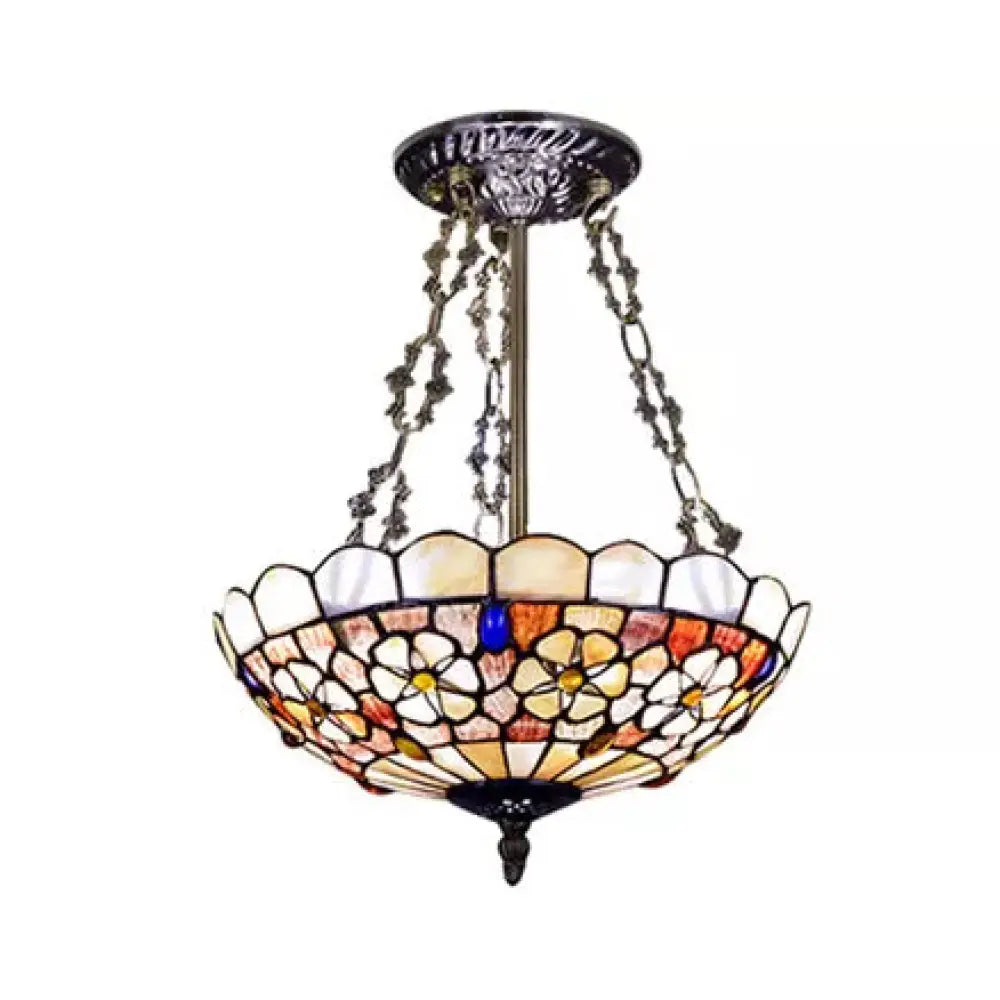 Modern Led Bedroom Ceiling Light - 3-Light Semi Flush Mount In Aged Brass With Tiffany-Style Art