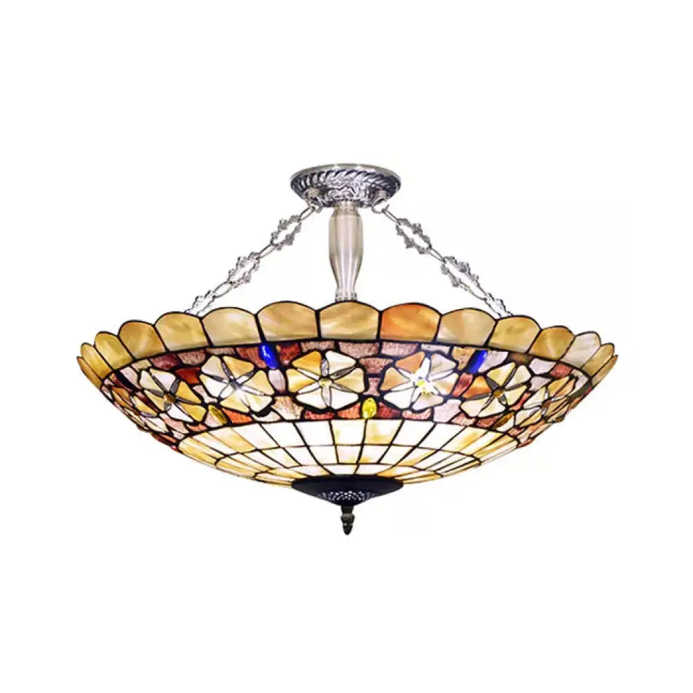 Modern Led Bedroom Ceiling Light - 3-Light Semi Flush Mount In Aged Brass With Tiffany-Style Art