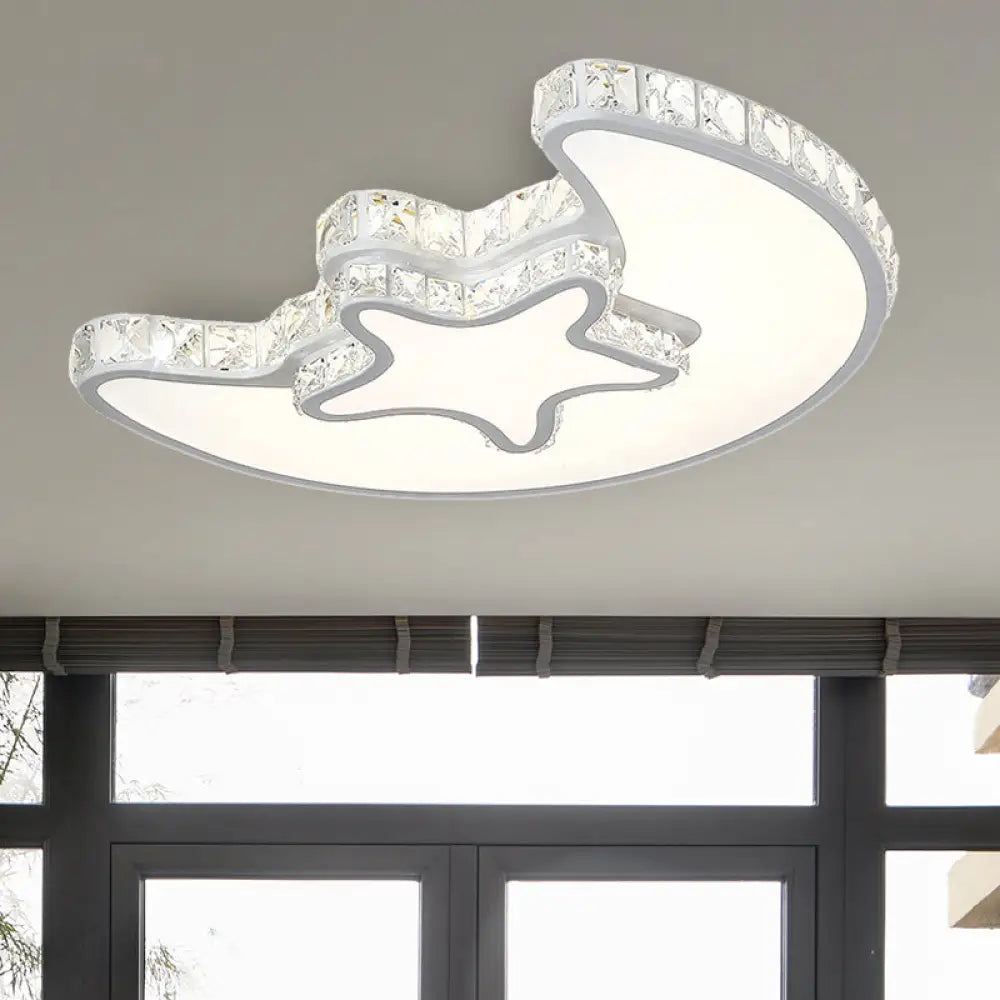 Modern Led Bedroom Ceiling Light Fixture - White Flush Mount With Star Moon Crystal Shade