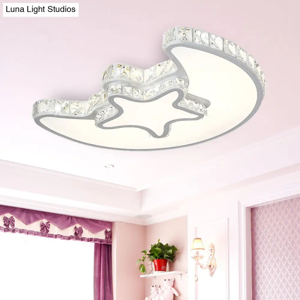 Modern Led Bedroom Ceiling Light Fixture - White Flush Mount With Star Moon Crystal Shade