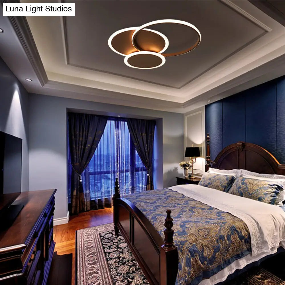 Modern Led Bedroom Ceiling Light In Coffee - 3 Round Ultra-Thin Acrylic Flushmount 19.5’/22.5’ W