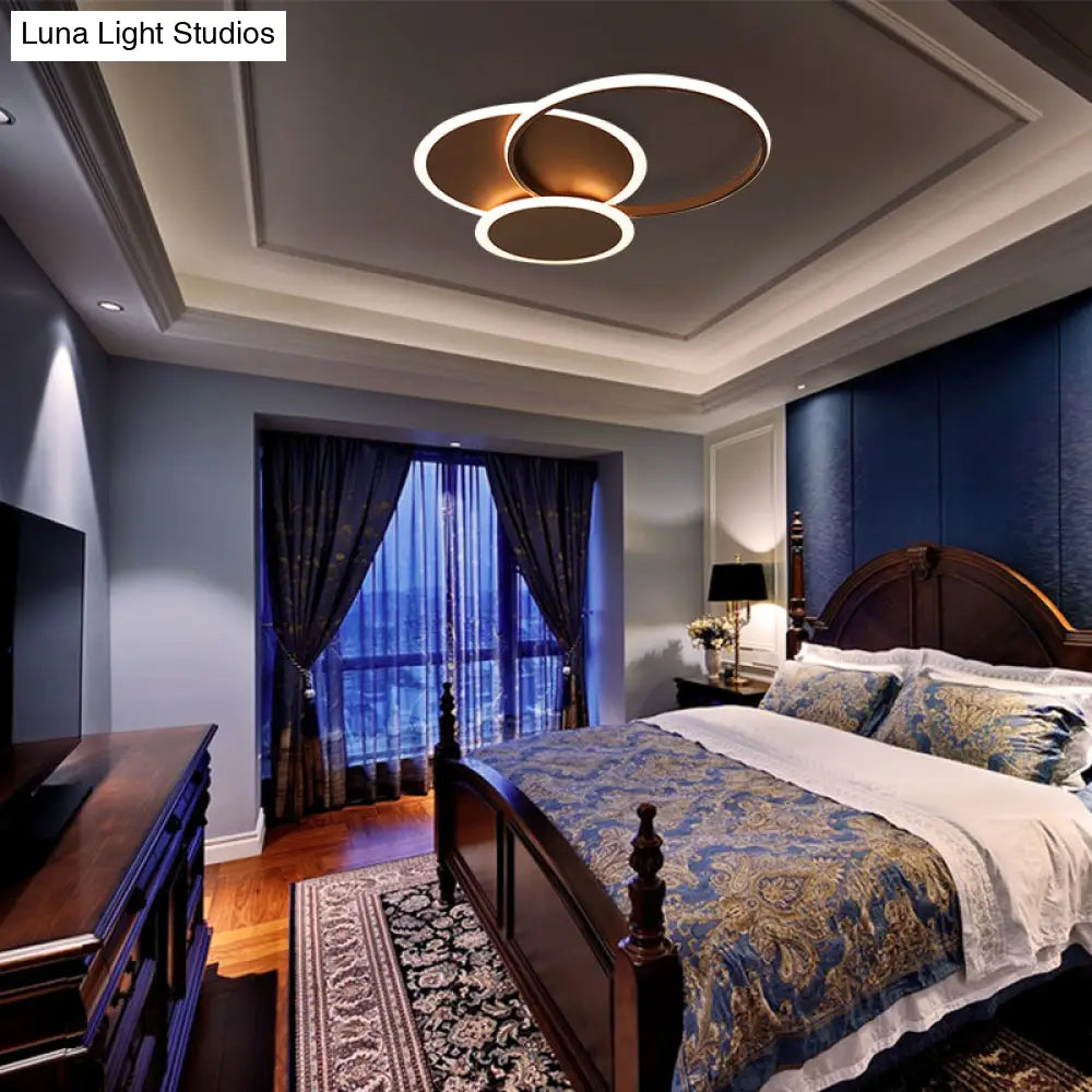 Modern Led Bedroom Ceiling Light In Coffee - 3 Round Ultra-Thin Acrylic Flushmount 19.5/22.5 W