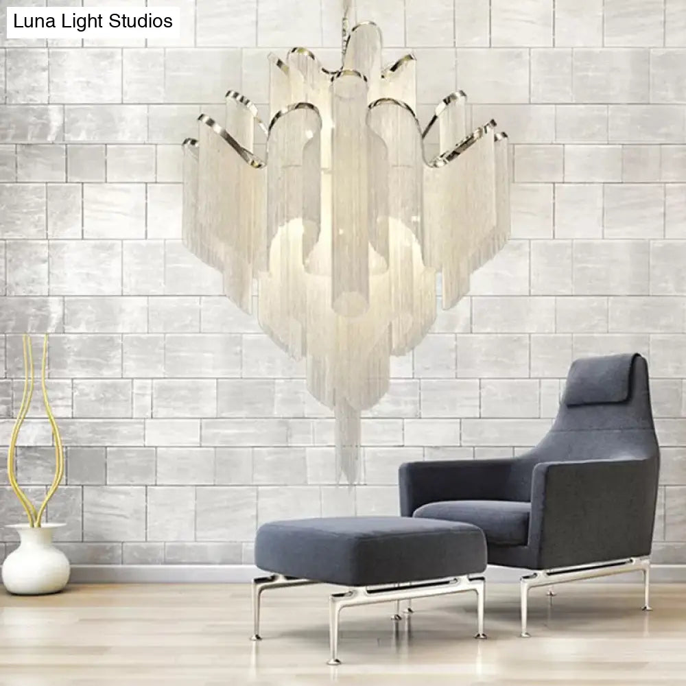 Modern Led Silver Bedroom Chandelier With Tiered Tassel Aluminum Shade