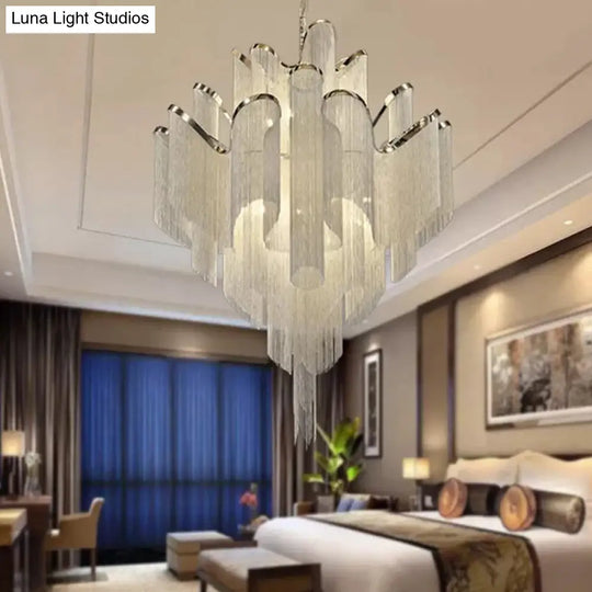 Modern Led Silver Bedroom Chandelier With Tiered Tassel Aluminum Shade / Small