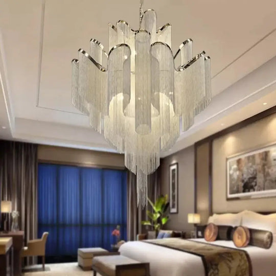 Modern Led Bedroom Chandelier: Silver Pendant Lamp With Tiered Tassel Aluminum Shade / Small