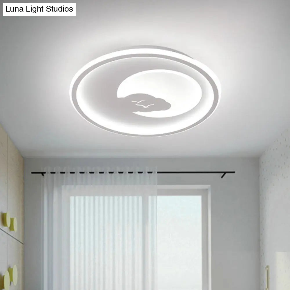 Modern Led Bedroom Light: White/Pink Flush Mount Ceiling Fixture With Moon Acrylic Shade