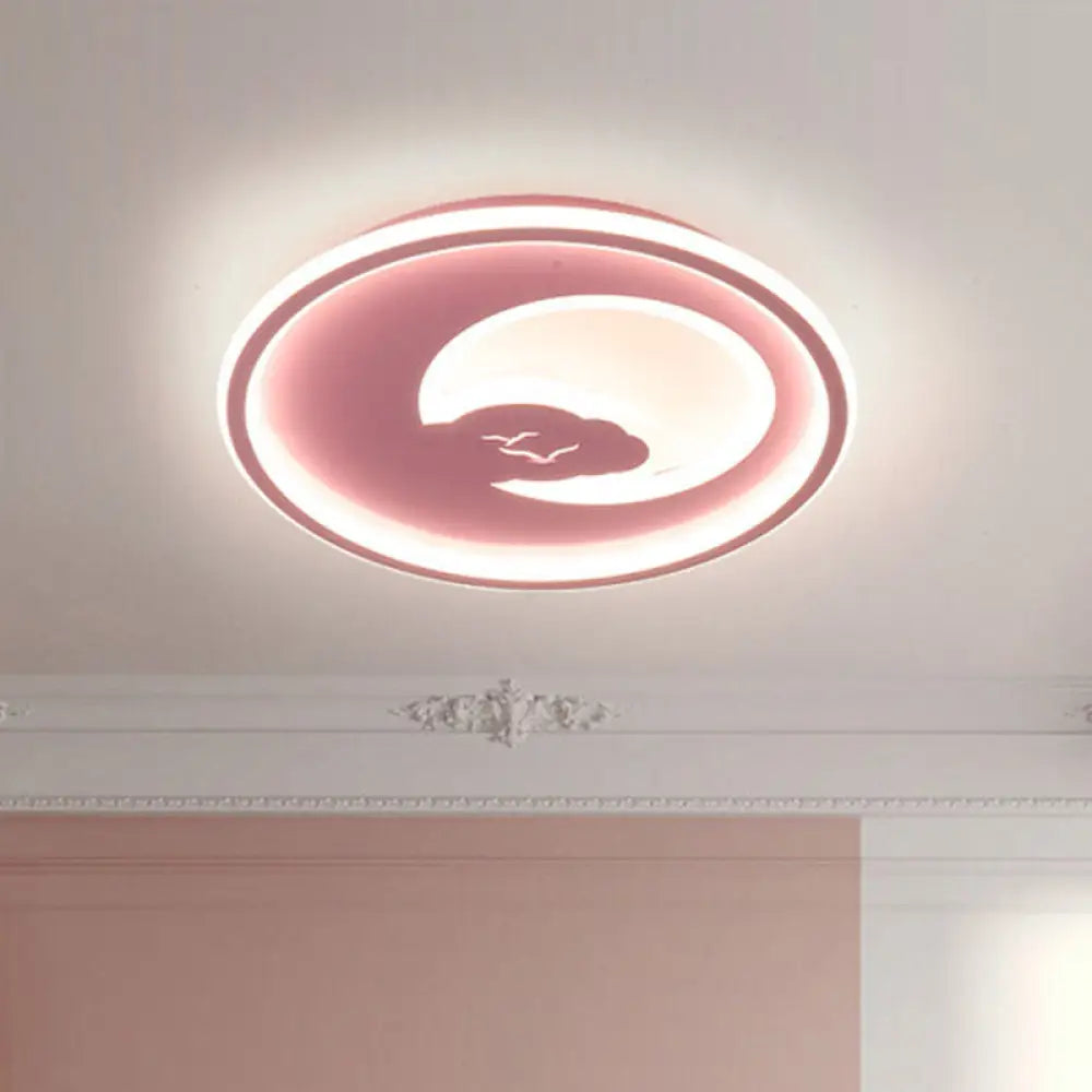 Modern Led Bedroom Light: White/Pink Flush Mount Ceiling Fixture With Moon Acrylic Shade Pink