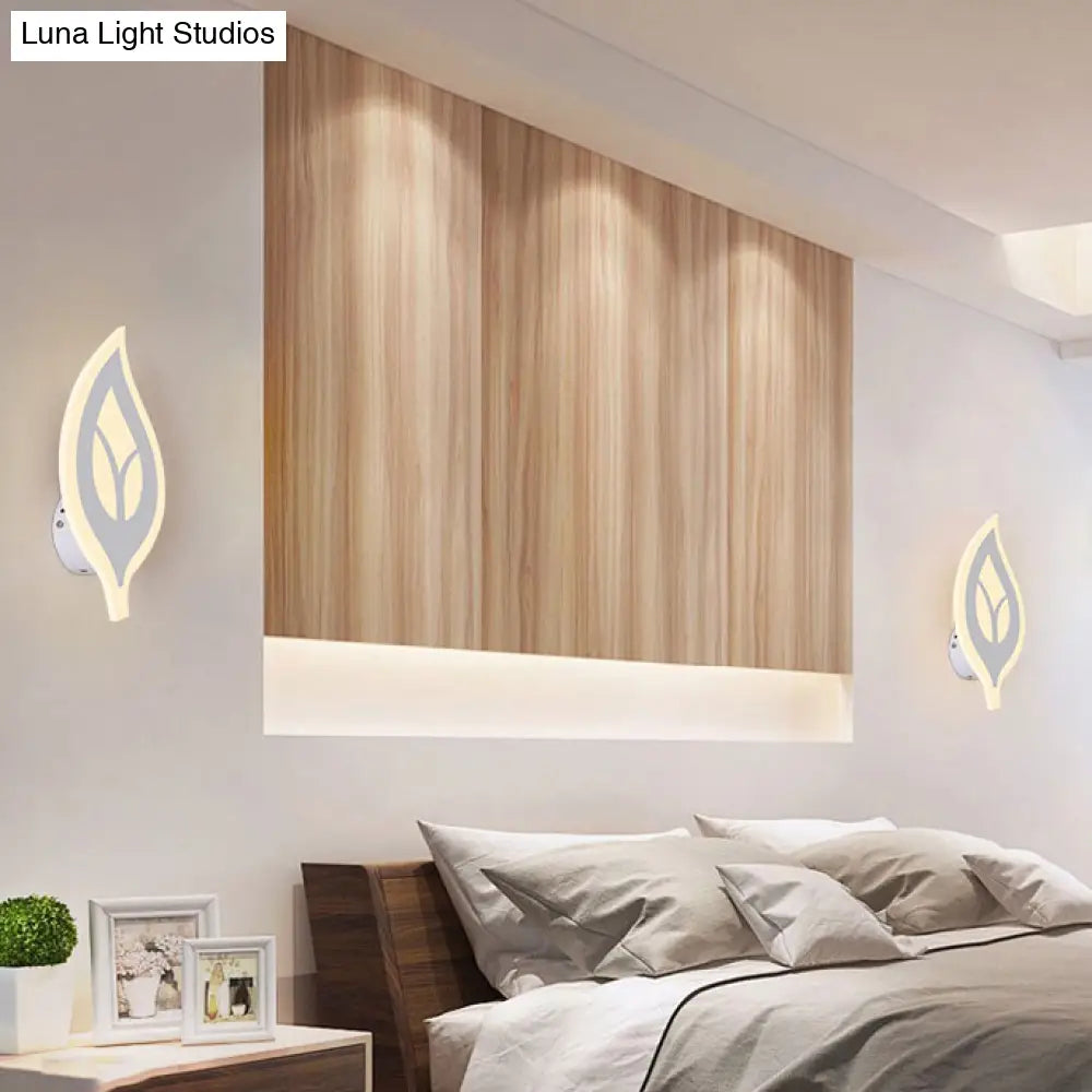 Modern Led Bedroom Sconce Light With Leaf Acrylic Shade - Black/White Wall Lamp In Warm/White