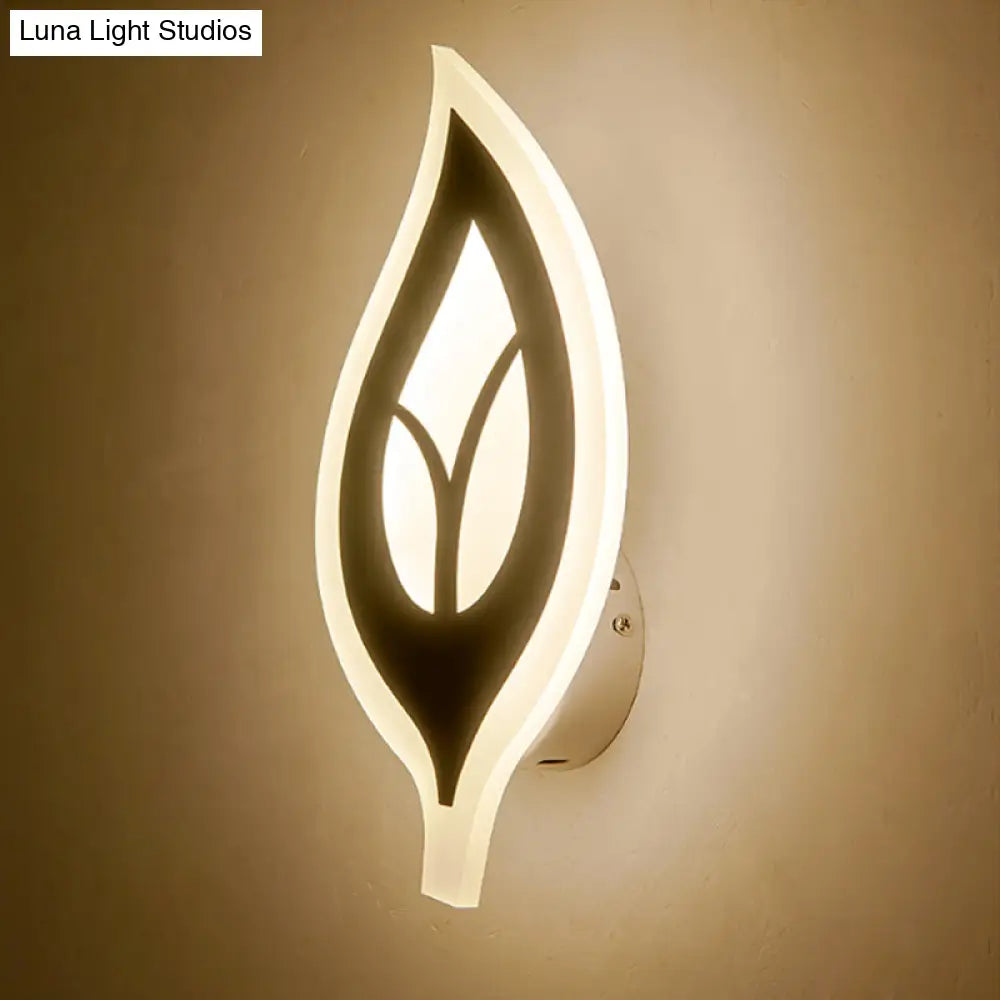 Modern Led Bedroom Sconce Light With Leaf Acrylic Shade - Black/White Wall Lamp In Warm/White