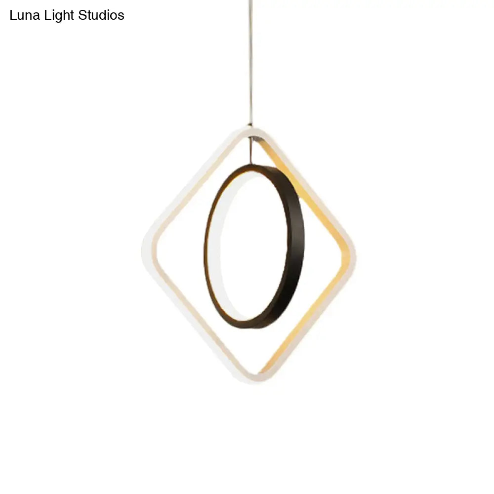 Black Led Suspension Light With Acrylic Shade - Modern Hoop And Square Pendant Lamp In Warm/White