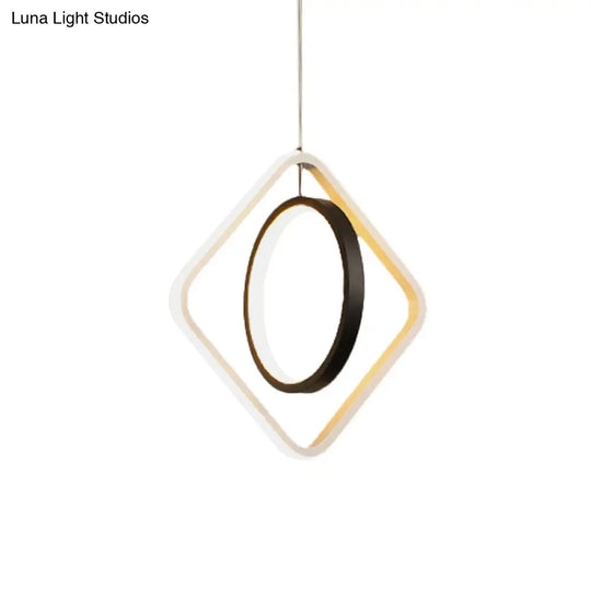 Black Led Suspension Light With Acrylic Shade - Modern Hoop And Square Pendant Lamp In Warm/White