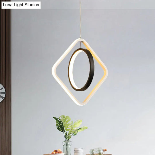 Black Led Suspension Light With Acrylic Shade - Modern Hoop And Square Pendant Lamp In Warm/White