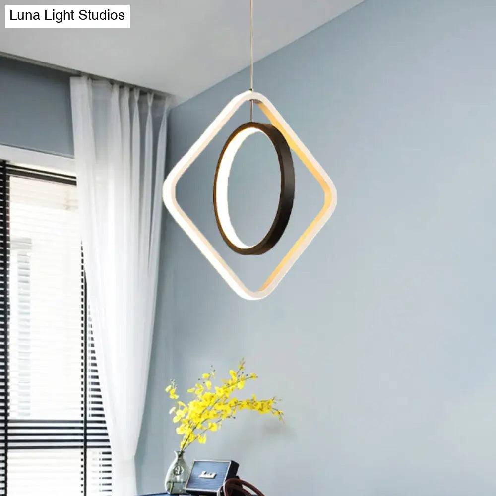 Black Led Suspension Light With Acrylic Shade - Modern Hoop And Square Pendant Lamp In Warm/White /