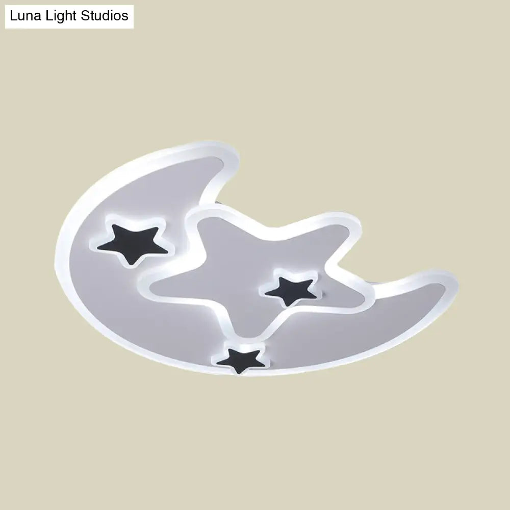 Modern Led Black Moon And Star Flushmount Light For Kids Bedroom Ceiling - Warm/White Acrylic