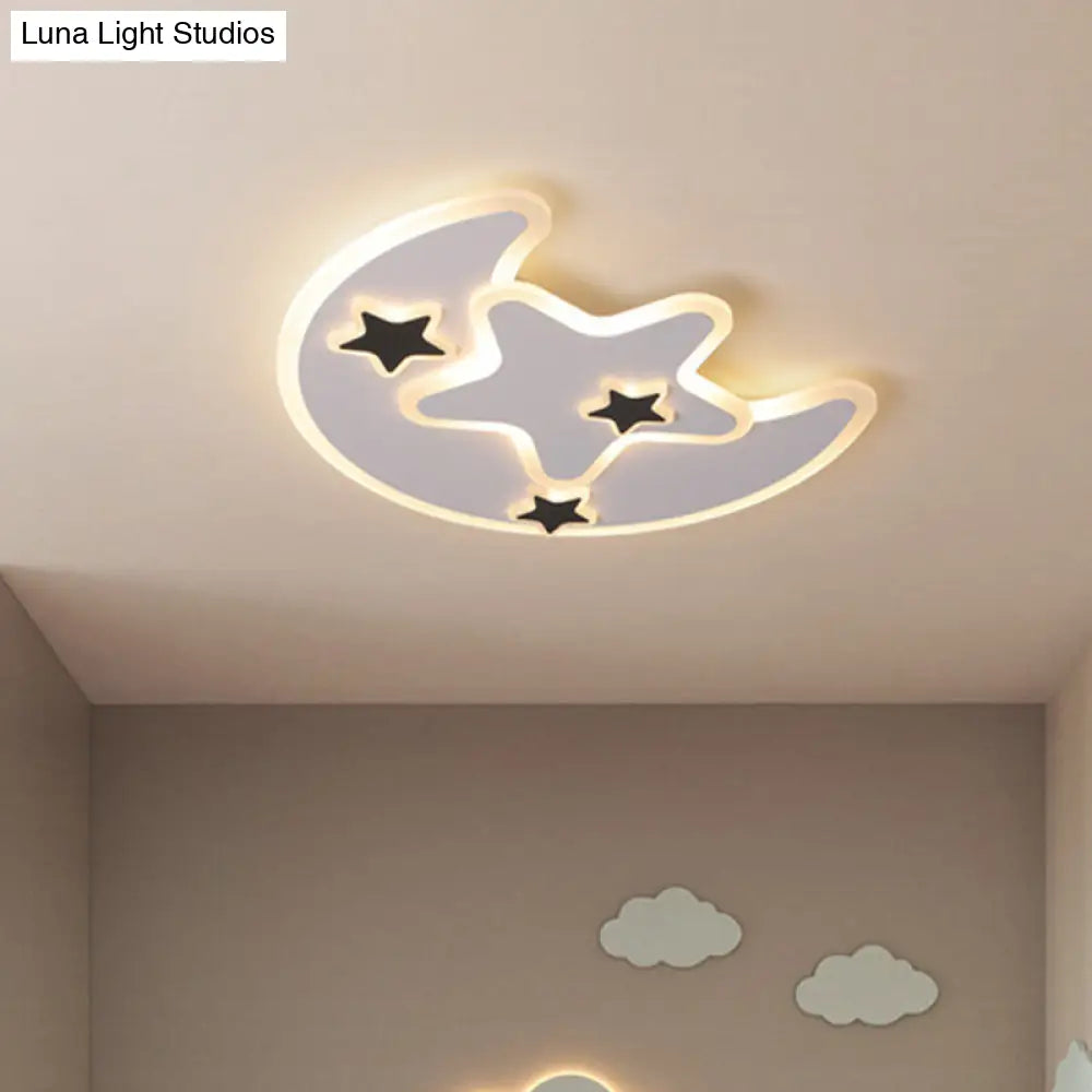 Modern Led Black Moon And Star Flushmount Light For Kids Bedroom Ceiling - Warm/White Acrylic