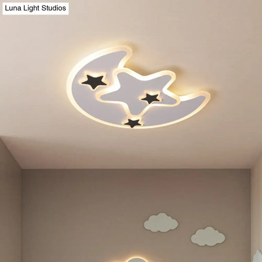 Modern Led Black Moon And Star Flushmount Light For Kids Bedroom Ceiling - Warm/White Acrylic