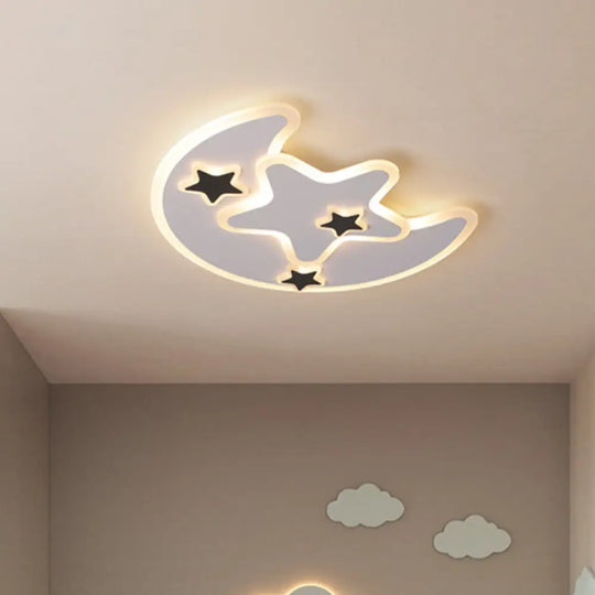 Modern Led Black Moon And Star Flushmount Light For Kids Bedroom Ceiling - Warm/White Acrylic