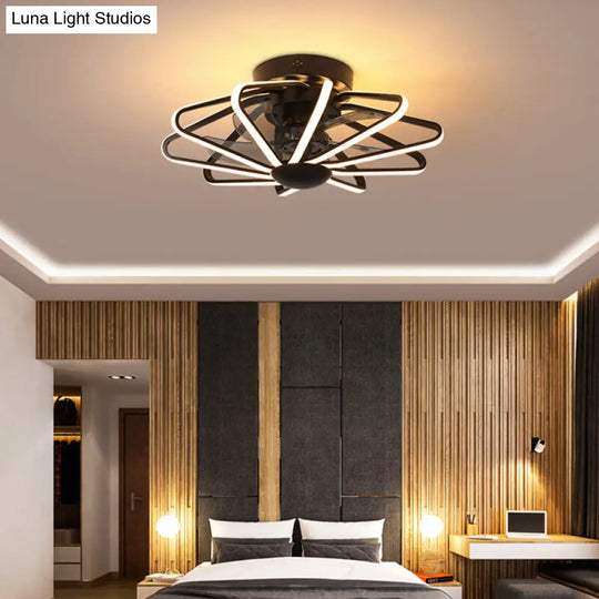 Modern Led Cage Pendant Fan Light - 23 Wide Semi-Flush Ceiling For Bedroom Black