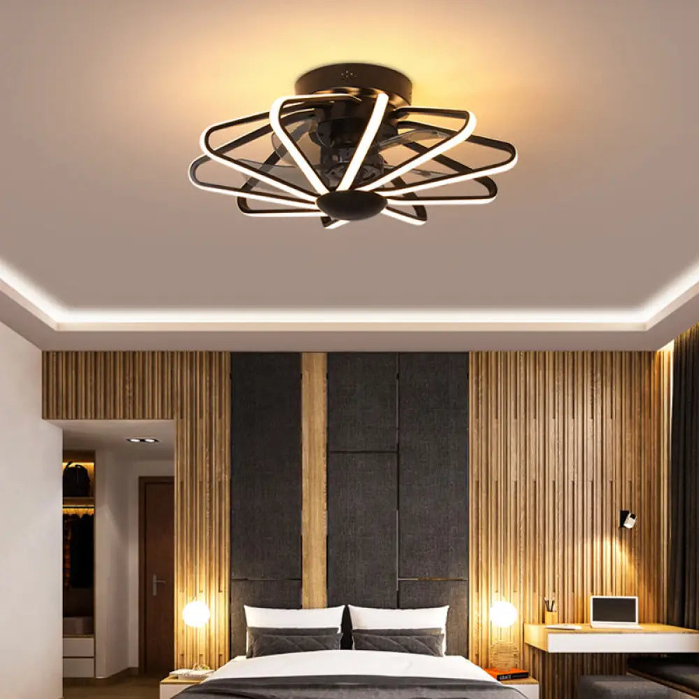 Modern Led Cage Pendant Fan Light - 23’ Wide Semi - Flush Ceiling For Bedroom Black