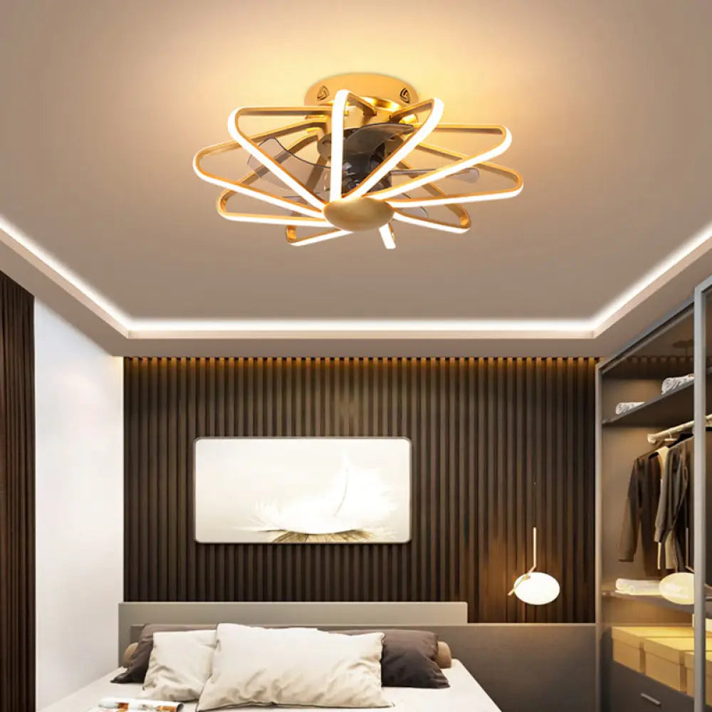 Modern Led Cage Pendant Fan Light - 23’ Wide Semi - Flush Ceiling For Bedroom Gold