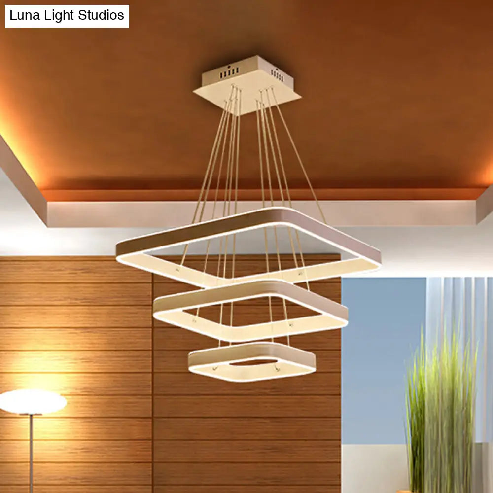 Modern Led Ceiling Chandelier - White Square Hanging Light Fixture Warm/White/Natural 3-Tier Design