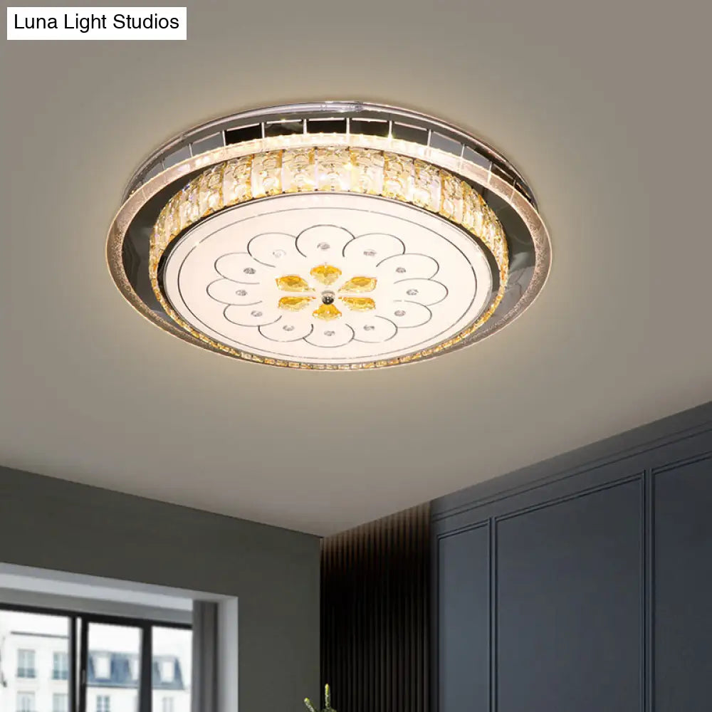 Modern Led Ceiling Lamp: Clear Crystal Circular Flushmount In Stainless-Steel