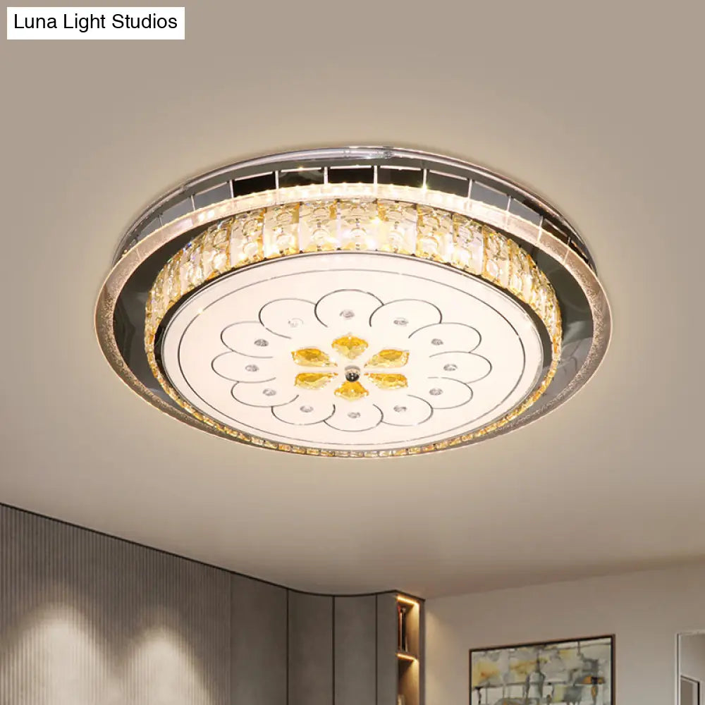 Modern Led Ceiling Lamp: Clear Crystal Circular Flushmount In Stainless-Steel