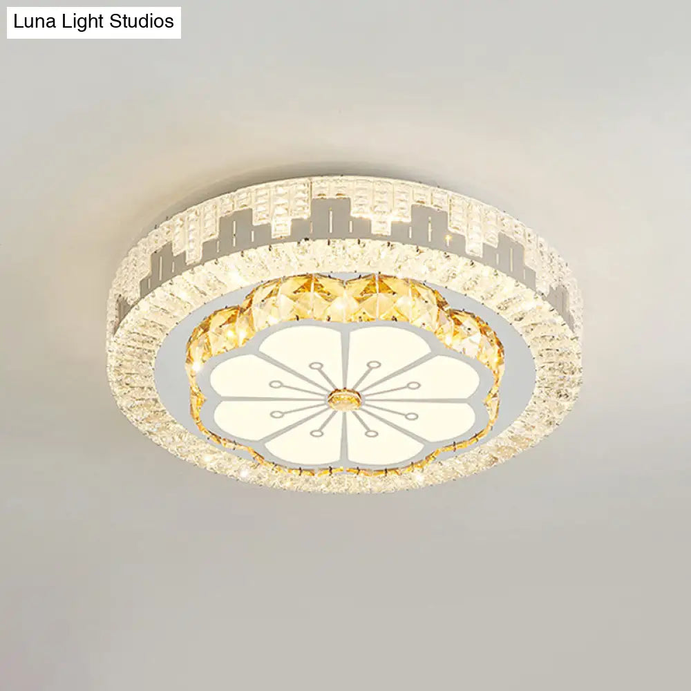 Modern Led Ceiling Lamp With Crystal Flower/Round Cut Design - Chrome Flush Mount For Bedroom