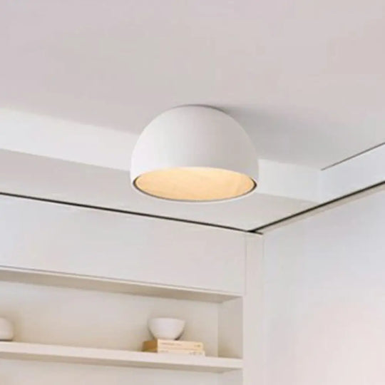 Modern Led Ceiling Light: Dome Flush Mount Lamp With Wood Grain Inner White / 14