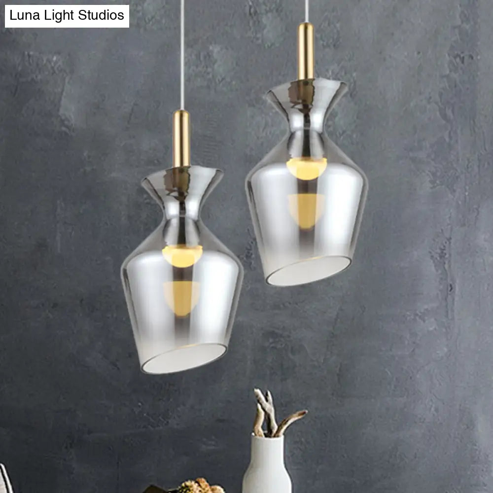 Led Brass Cup Pendant With Smoky Gray Glass Shade - Minimalist Ceiling Light Smoke