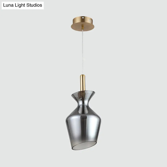 Led Brass Cup Pendant With Smoky Gray Glass Shade - Minimalist Ceiling Light