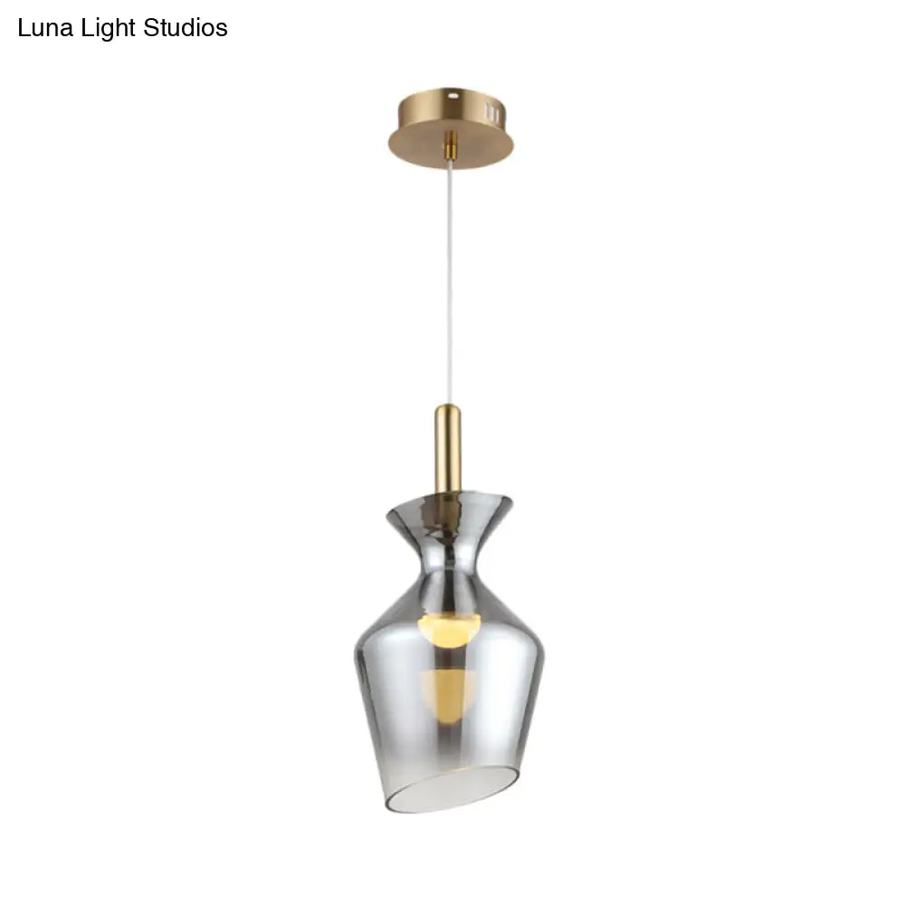 Led Brass Cup Pendant With Smoky Gray Glass Shade - Minimalist Ceiling Light