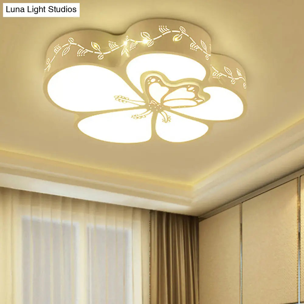 Modern Led Ceiling Light With Butterfly Metal Flush Mount For Girls Bedroom - White