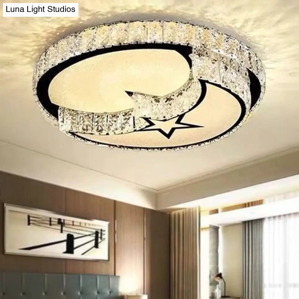 Modern Led Ceiling Light With White Moon And Star/Heart Design Crystal Block Accent - Perfect For